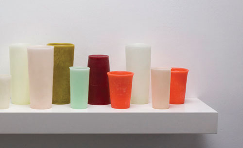 detail of George Stoll, Untitled (15 tumblers on a 36 inch shelf #3), 2012