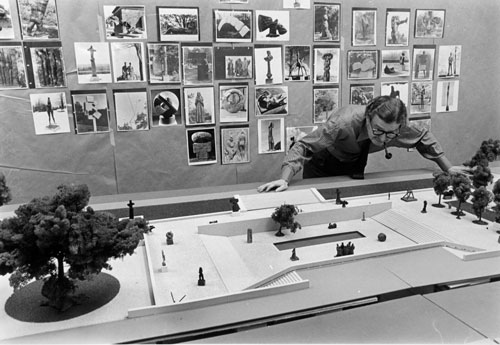 Architect Gordon Bunshaft working with the model for the Museum’s sculpture garden 