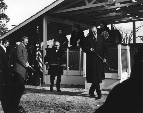 Joseph H. Hirshhorn and President Lyndon B. Johnson at the groundbreaking for the Hirshhorn Museum and Sculpture Garden, January 1969