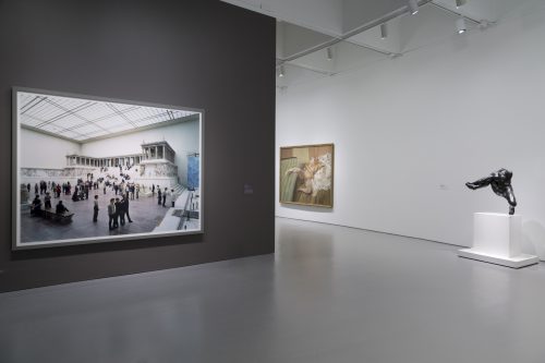 Installation view of Masterworks from the Hirshhorn Collection at the Hirshhorn Museum and Sculpture Garden, 2016. Left to right: Thomas Struth, Pergamon Museum I, Berlin, 2001; Lucian Freud, Nude with Leg Up (Leigh Bowery), 1992; Auguste Rodin, Alexis Rudier, Iris, Messenger of the Gods, 1890-1891/cast 1890s. Photo: Cathy Carver