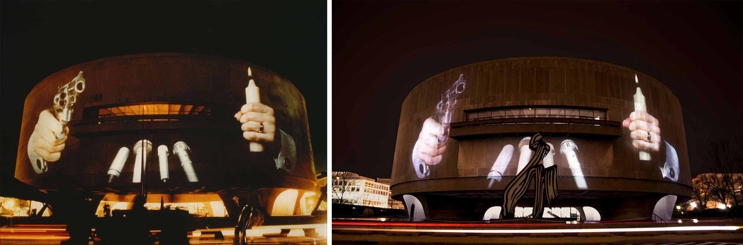 (left) Krzysztof Wodiczko, Hirshhorn Museum, Washington, DC, 1988. Public projection at the Hirshhorn Museum, Washington, DC, October 25-27, 1988. Courtesy the artist and Galerie Lelong, New York. (right) Krzysztof Wodiczko, Hirshhorn Museum, Washington, DC, 1988. Public projection at the Hirshhorn Museum, Washington, DC, February 13, 2018. Courtesy the artist and Galerie Lelong, New York. Photo: Joshua Jest