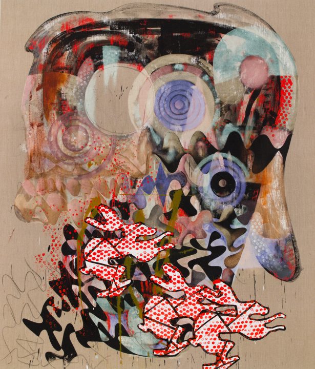 Charline von Heyl, Mana Hatta, 2017. Acrylic, oil and charcoal on linen, 82 x 78 inches. ©Charline von Heyl. Courtesy of the artist, Galerie Gisela Capitain, Cologne and Petzel, New York.