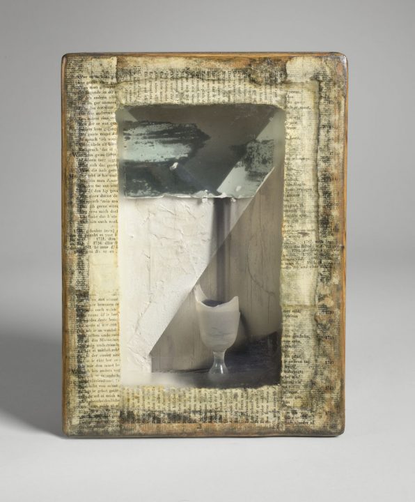 Joseph Cornell; (c. 1957-1959); Gesso, oil, photomechanical reproductions, sand, mirror glass, drinking glass, a; 10 7/8 x 8 x 3 1/2 in. (27.6 x 20.3 x 8.9 cm); Gift of Joseph H. Hirshhorn, 1966