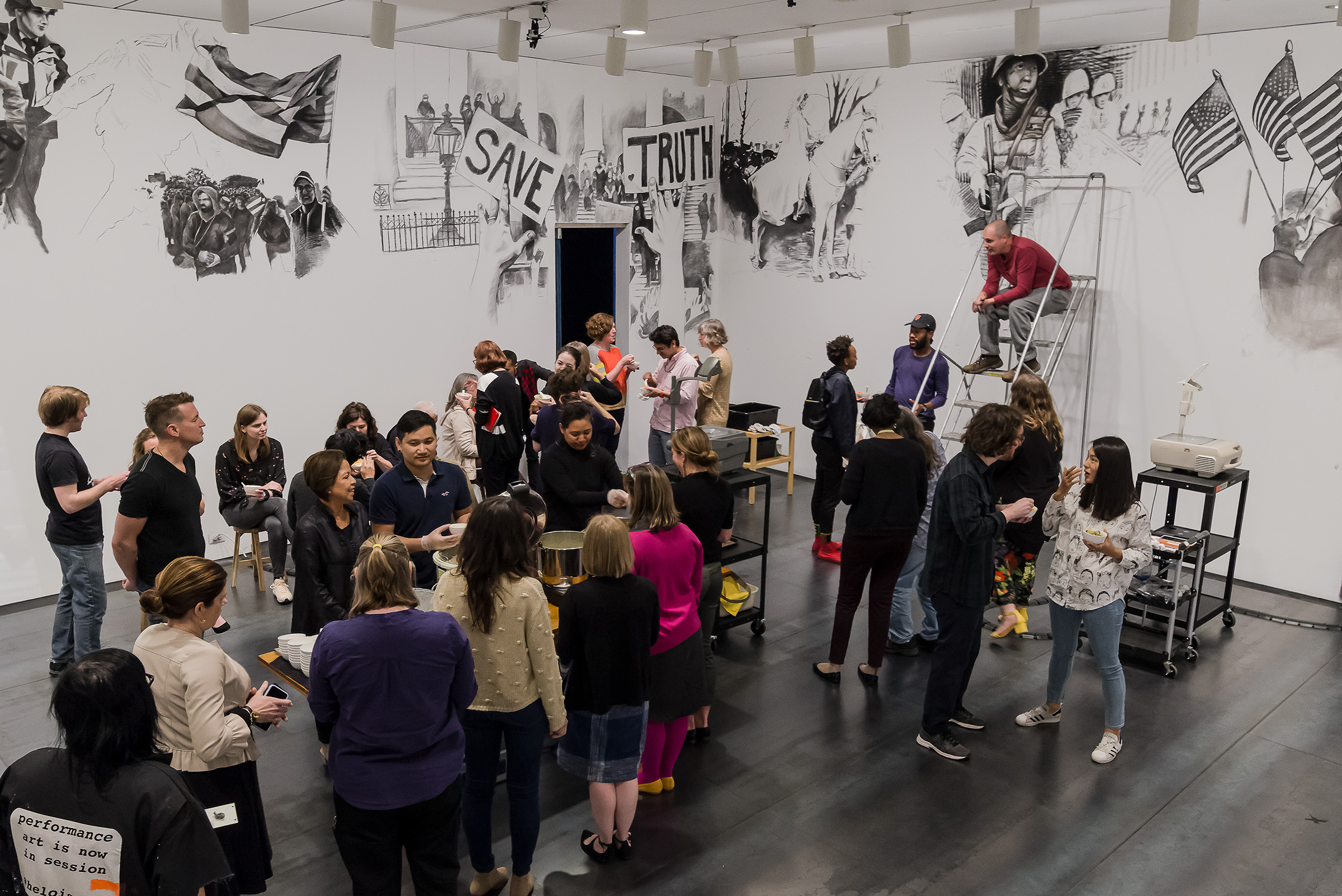 Installation view of Rirkrit Tiravanija: (who’s afraid of red, yellow, and green), Hirshhorn Museum and Sculpture Garden, 2019. Photo: Shannon Finney. Courtesy Hirshhorn Museum and Sculpture Garden