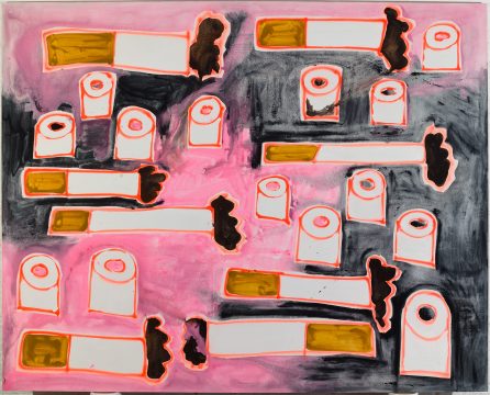 Katherine Bernhardt, Toilet paper and cigarettes black and pink, 2016 Acrylic and spray paint on canvas 96 x 120 inches Image courtesy of the artist and CANADA. Photography by Jason Mandella.