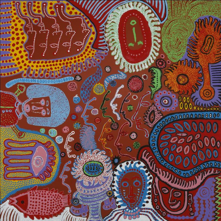 Colorful red painting of abstract figures and human forms.