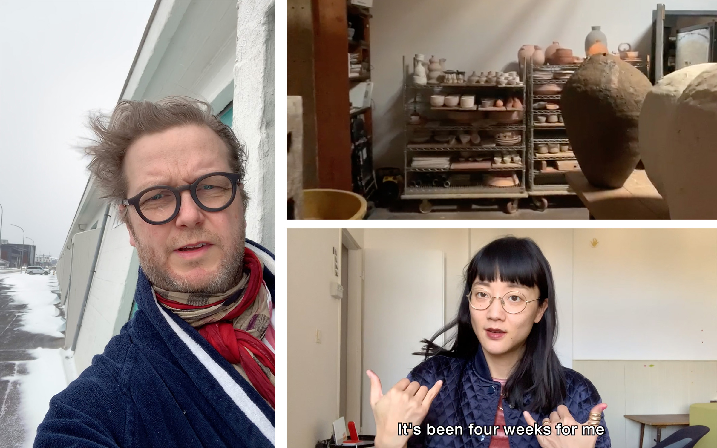 Images (clockwise from left): Ragnar Kjartansson; Theaster Gates’s studio; Christine Sun Kim. Video stills from Artists in Quarantine project, April 2020