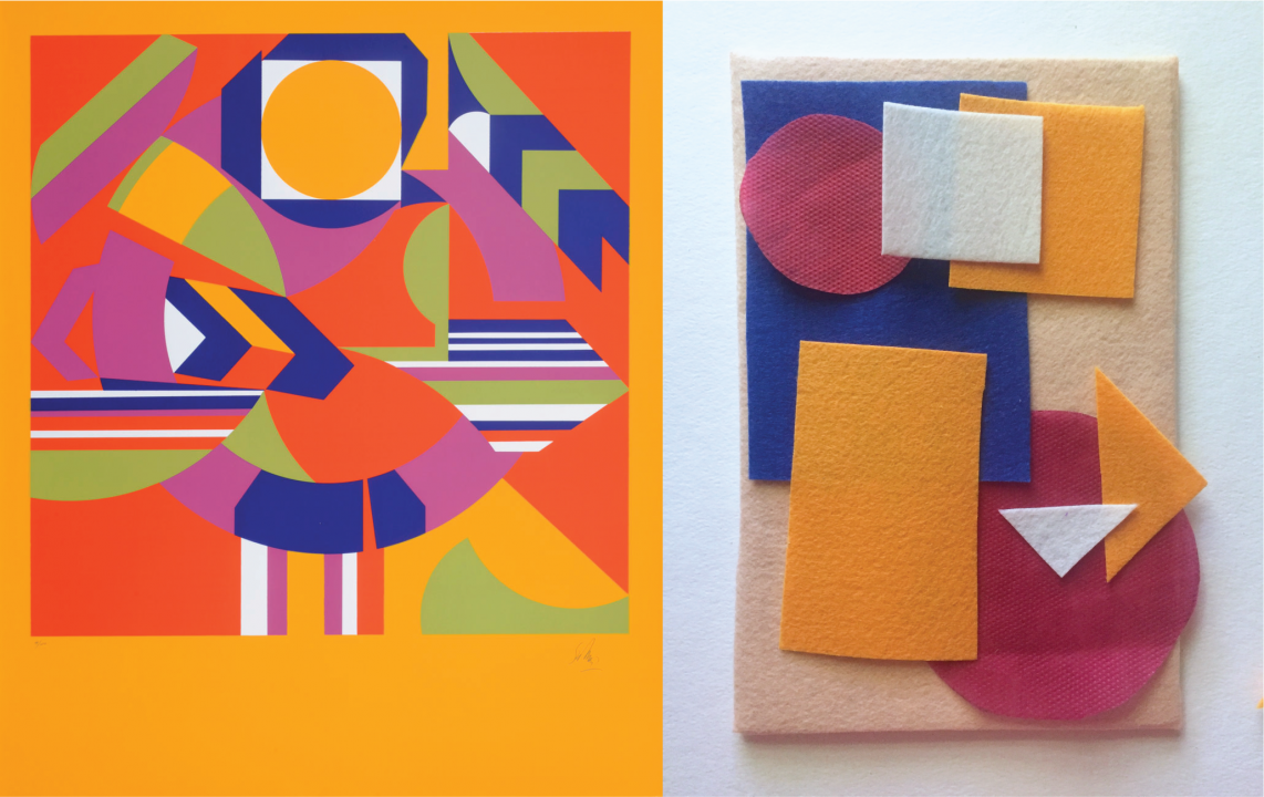 Left: a screenprint of multicolored, geometric shapes in bright orange, green, purple, and blue against a mustard yellow background. Right: square, circular, and triangular pieces of felt in orange, red, and blue on a beige felt board.