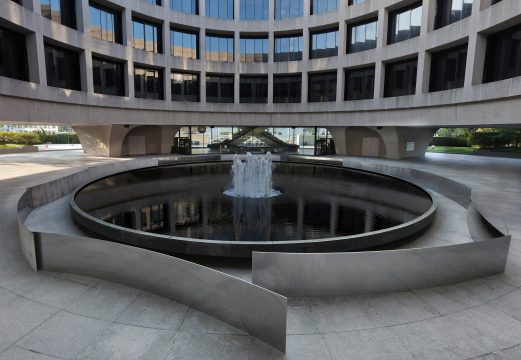 Metal sculpture surrounds the Hirshhorn's fountain in the plaza.