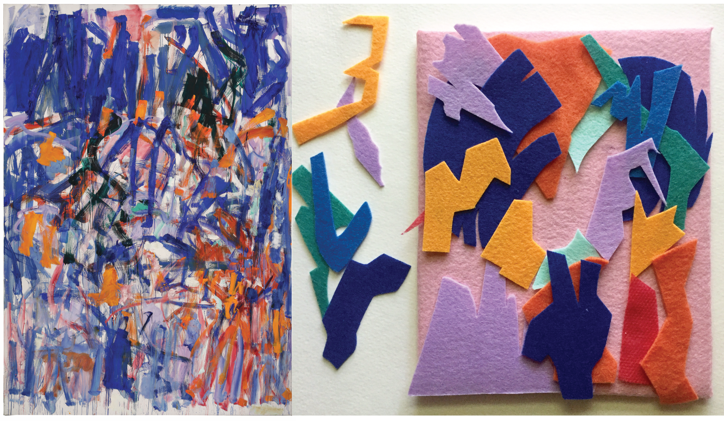 Left: Energetic lines of deep purple, orange, red, and black paint layered messily over each other. Right: multicolored felt cut into jagged shapes, layered and arranged on a pink felt board.