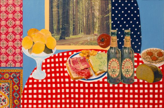 A collaged still life with cutouts of lemons, a sandwich, tomato, two bottles, bread, and cereal on a red checkered tablecloth.