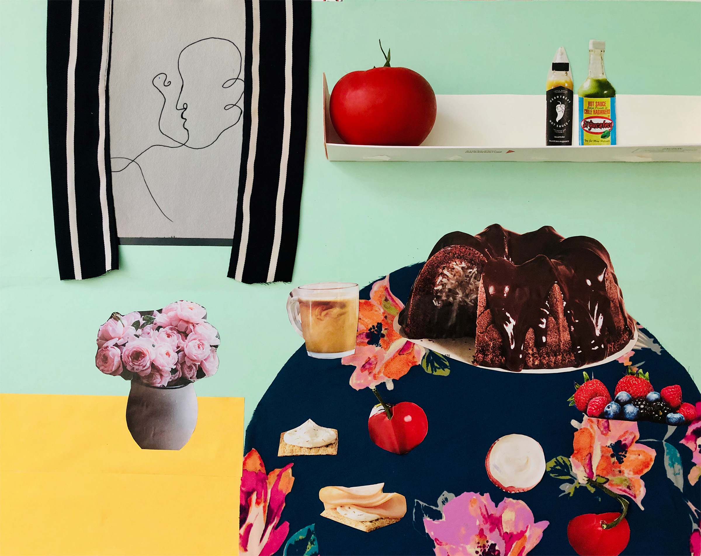 Collage of a kitchen scene including a table with a cake, tomatoes, and fruit, shelf with a tomato on it, window, and vase with pink flowers.