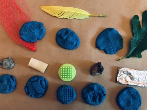 Eight mounds of blue playdough with varied indentations. Aabove each mound is the object used to create the indentation, including a feather, tin foil, leaf, and rock.