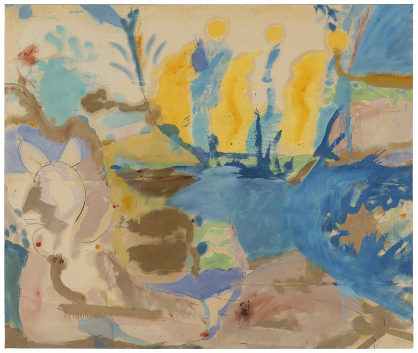 An abstracted beach scene on canvas with blue, yellow, and brown colors soaking the surface and bleeding into each other.