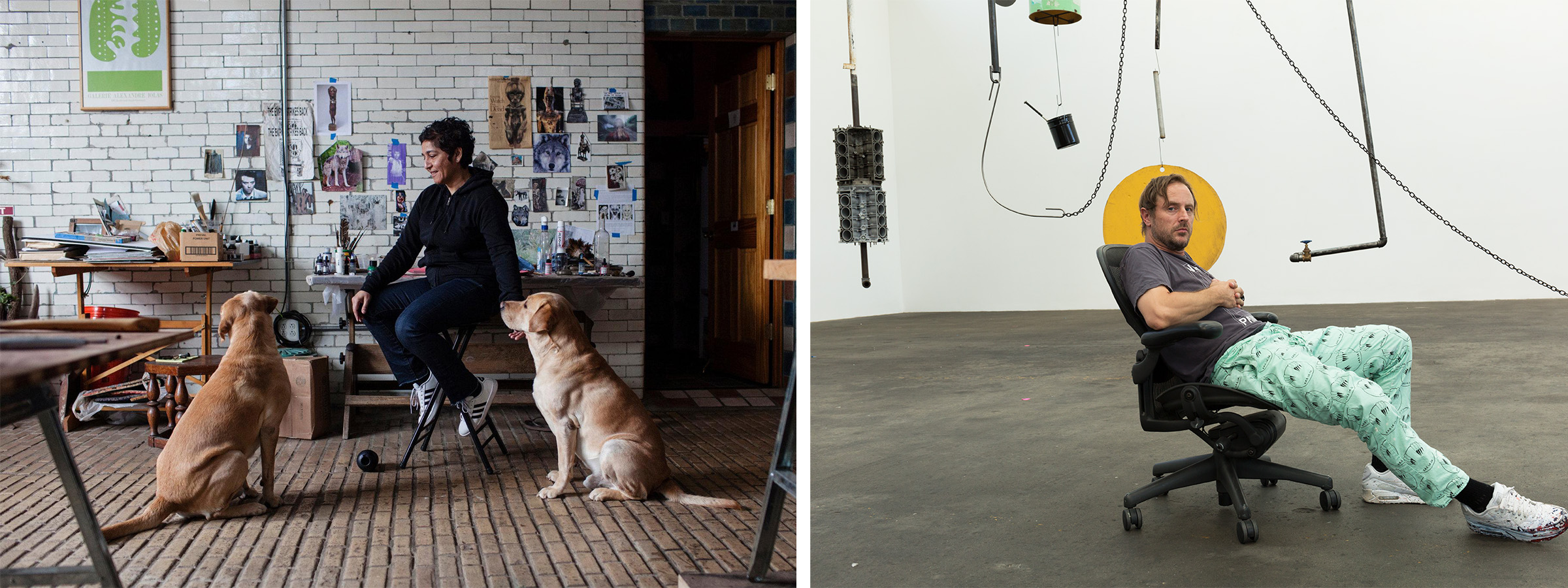 Images (left to right): Huma Bhabha in her studio; courtesy of Lauren Lancaster. Sterling Ruby in his studio; photo by Melanie Schiff; courtesy of Sterling Ruby Studio.