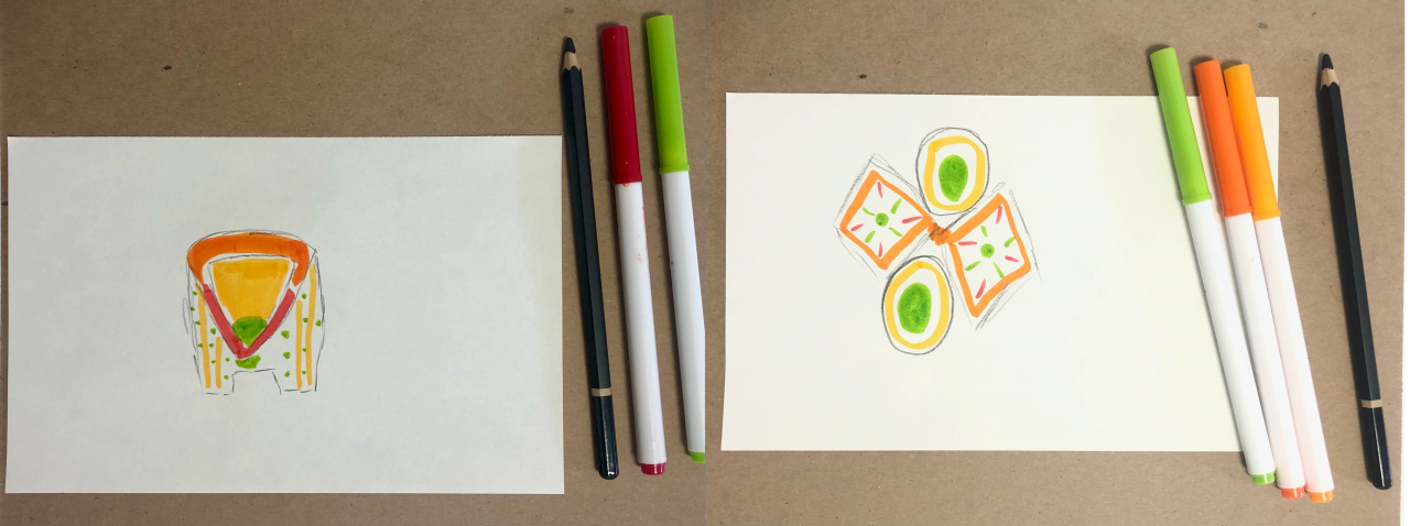 Two side-by-side drawings featuring geometric structures. The drawings have red, green, yellow, and orange colors, like the fall leaves they are meant to hold.