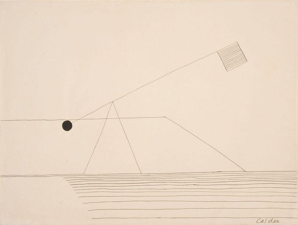 Pencil drawing of a sculpture. A triangular base balances an arm extending upward at a 45 degree angle. One end of the arm has a knob-like circle; the other end displays a flag-like square.