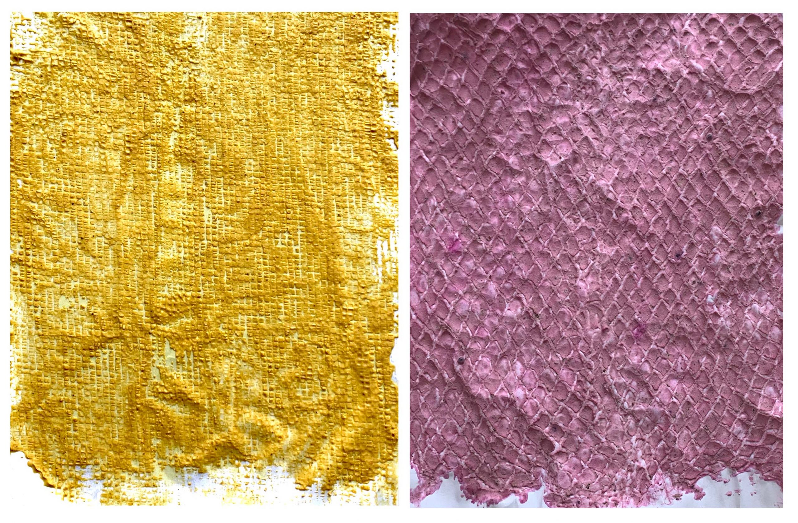 On the left is a mustard yellow textured print; on the right is a magenta textured print.