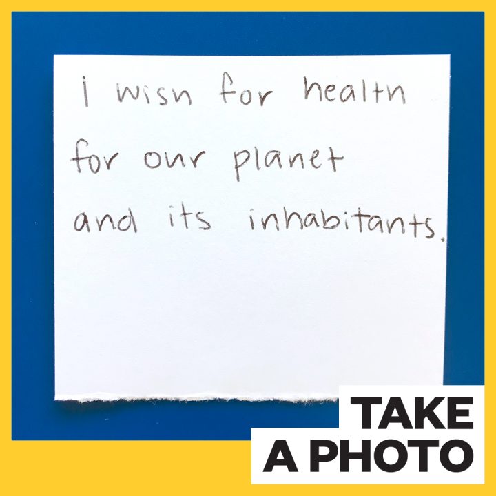 Text reads "I wish for health for our planet and its inhabitants, take a photo"