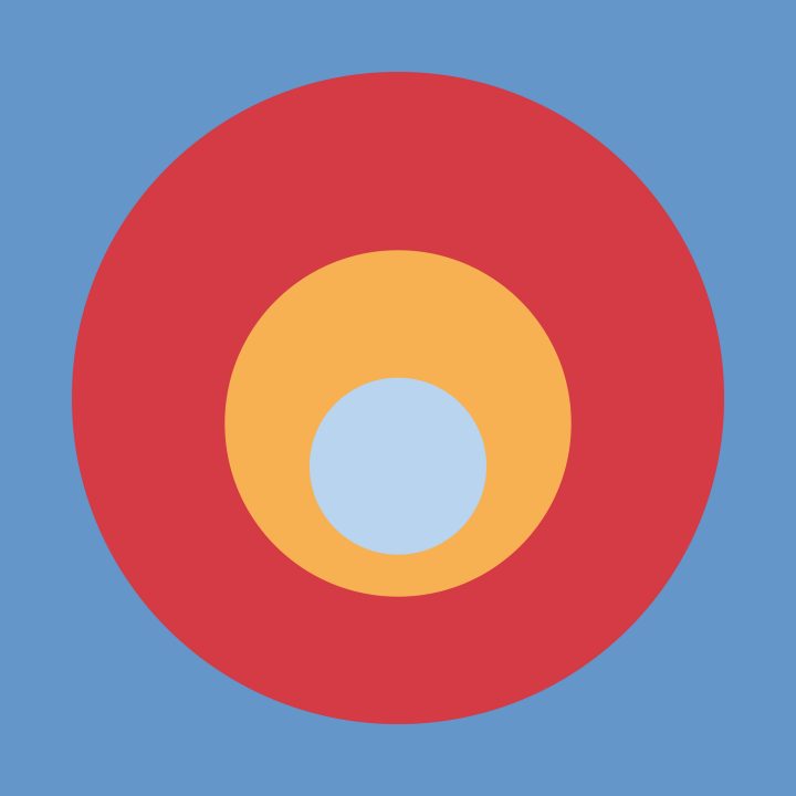 Red circle with orange and gray circle in middle on blue background