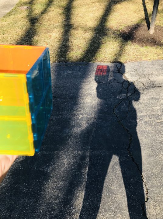 Shadows on a driveway and yard including a body and a tree’s branches. In the foreground a hand holds a colorful cube. In the body’s shadow, the cube is reflected in full color.