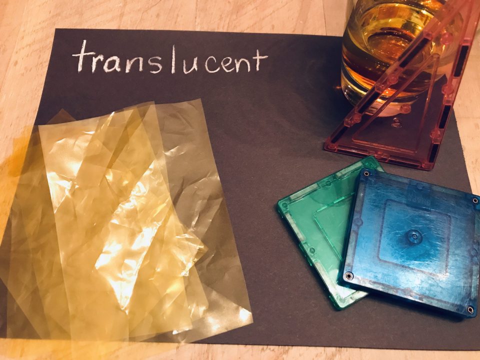 An arrangement of materials on a piece of black paper. The materials are yellow cellophane, flat square-shaped blocks and a clear glass filled with yellow water. The paper reads “translucent.”