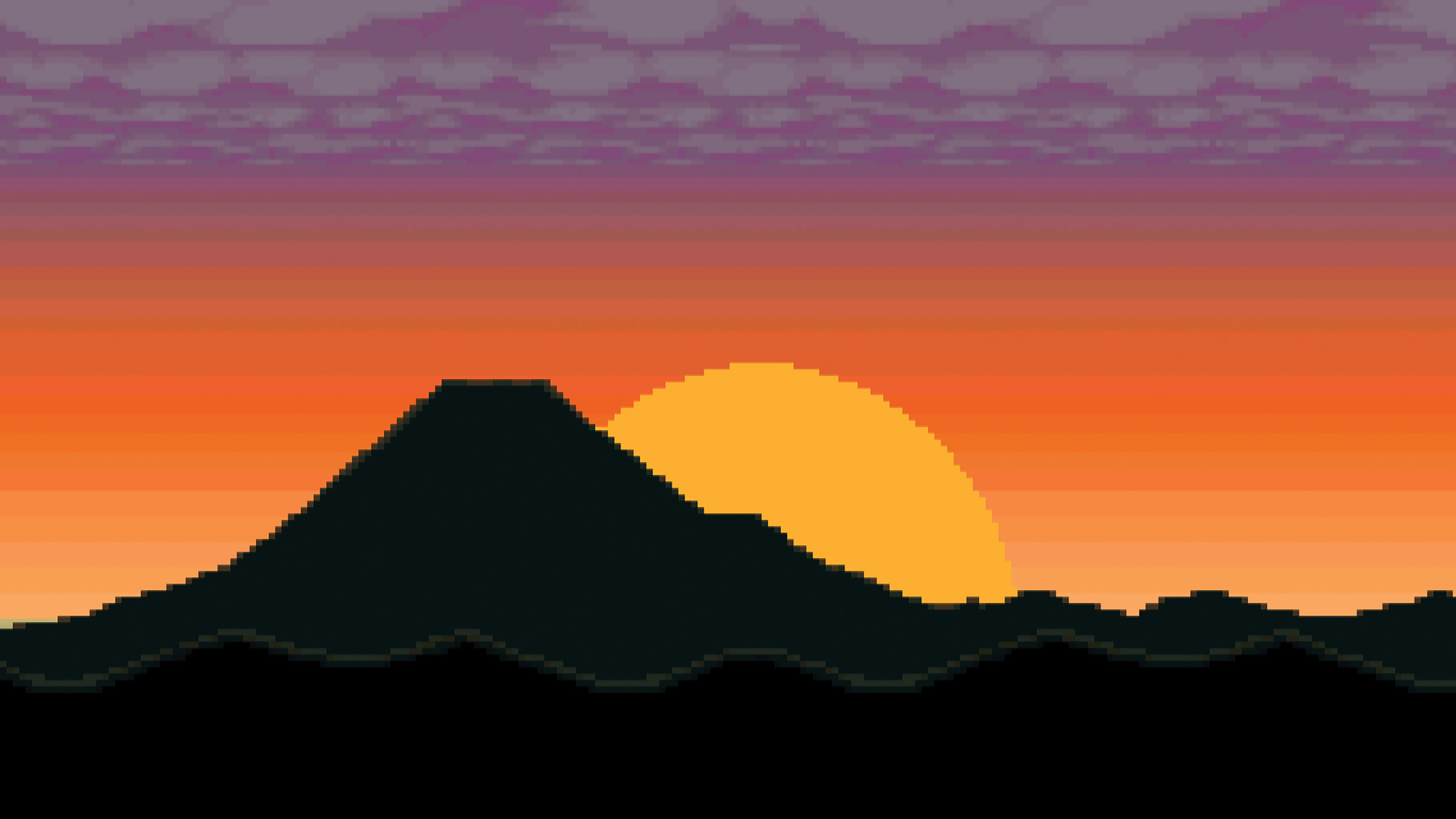 Pixel graphic of sun setting behind a mountain