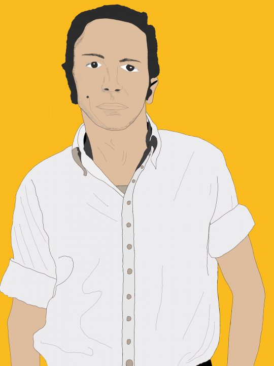 Graphic illustration of the artist against a yellow background. The artist stands facing the viewer, his arms slightly bent at his sides. He wears a short-sleeve white button down shirt.