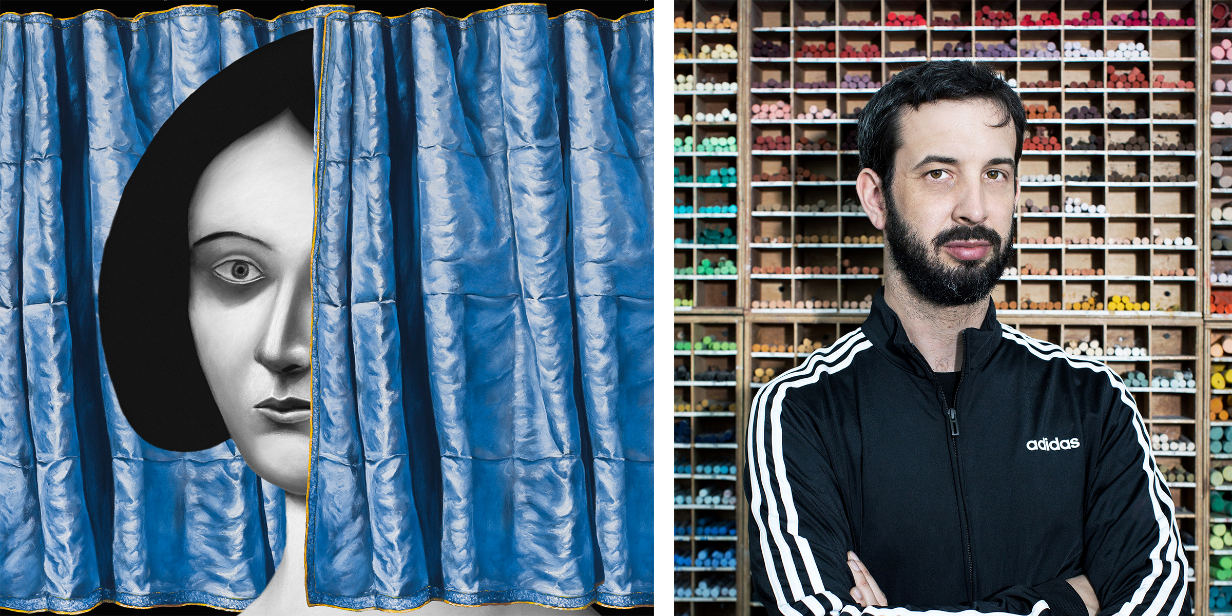 Left image: Detail of a painting. A woman's face peeks out behind a blue curtain. Right image: Portrait of Nicolas Party in front of a wall of stored pastels.