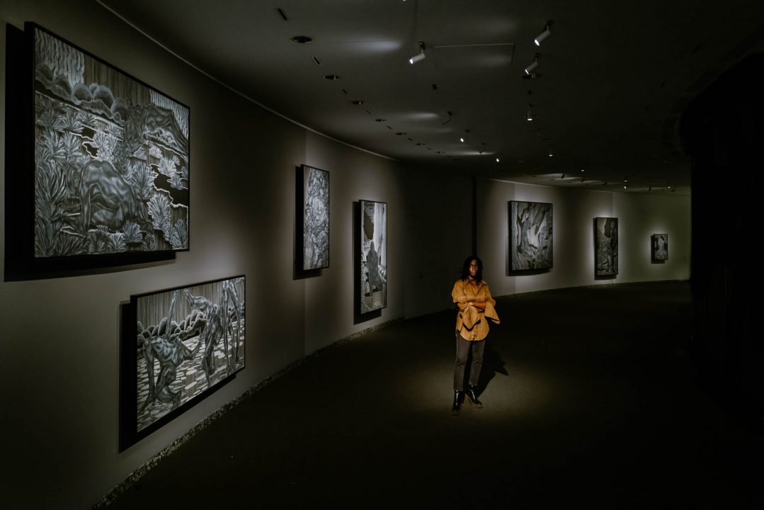 Installation view from the Hirshhorn Museum and Sculpture Garden presentation of Toyin Ojih Odutola: A Countervailing Theory, Smithsonian Institution, Washington, DC, 2021. Courtesy of the artist Photo by Matailong Du