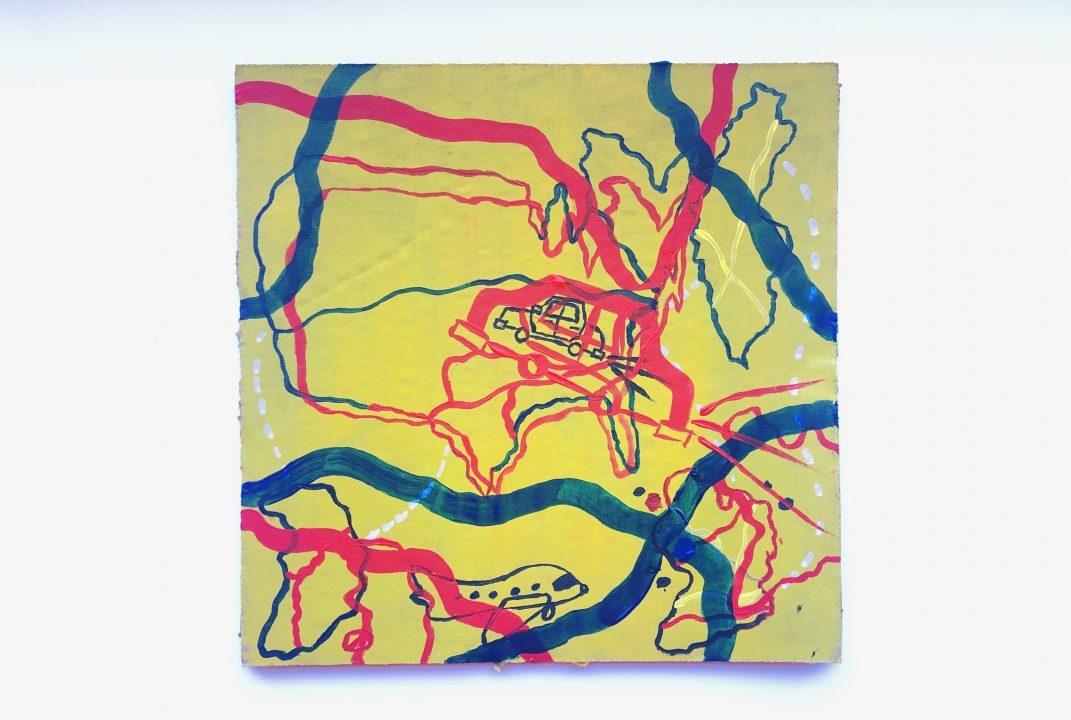 A sunflower yellow painting sits on a white background. The painting features overlapping red, blue, and bright yellow line drawings of cars, planes, and abstract shapes representing countries. There are also abstract red and blue lines running across the canvas. 