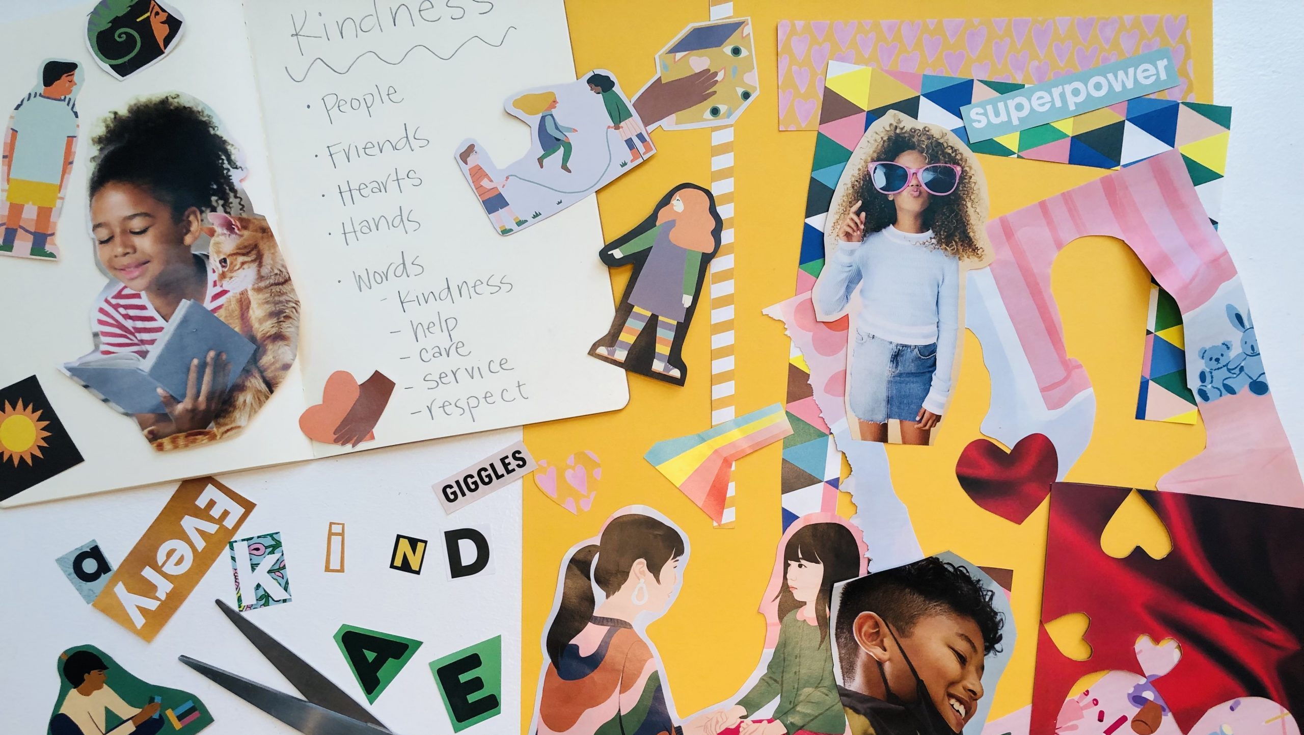 Collage of pictures of kids, illustrations, and words