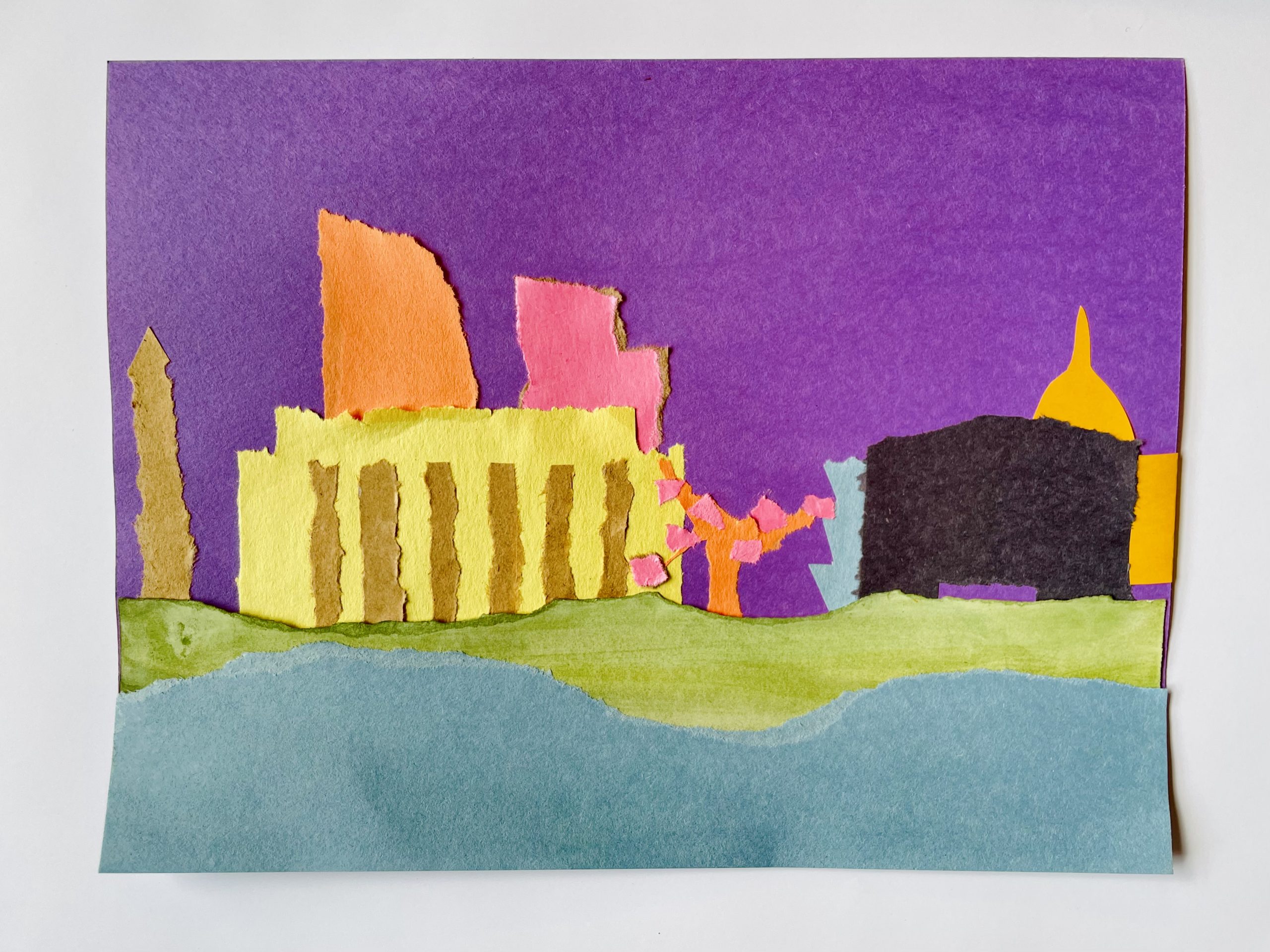 A collage of torn paper on a purple background with many torn pieces of paper that represent Washington, DC, including museums, monuments, a river, and a cherry tree.