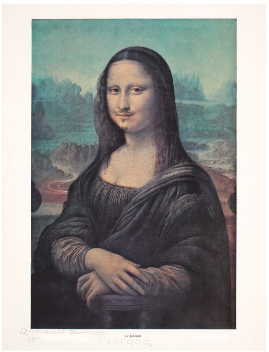 Mona Lisa with a moustache. Frame has some hand writing on it.