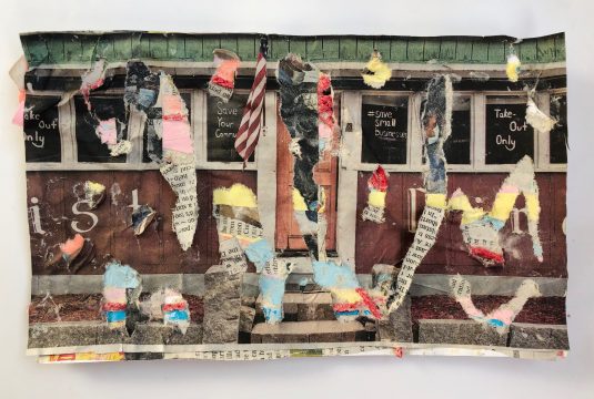 A multi layered newspaper collage is topped by a photo of the outside of a restaurant. Pieces of newspaper have been stripped away, revealing the layers underneath.