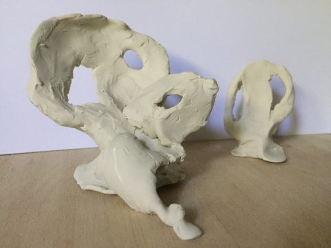 A grey, organic sculpture made of clay and resembling a pelvis sits on a flat brown surface, a white background behind it.