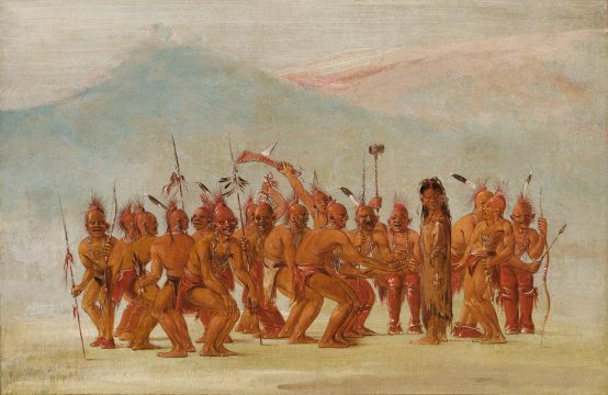 Illustration of group of Native Americans standing around a Native American woman