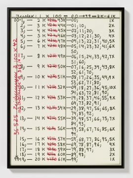 Yellow paper with black and red numbers in black frame