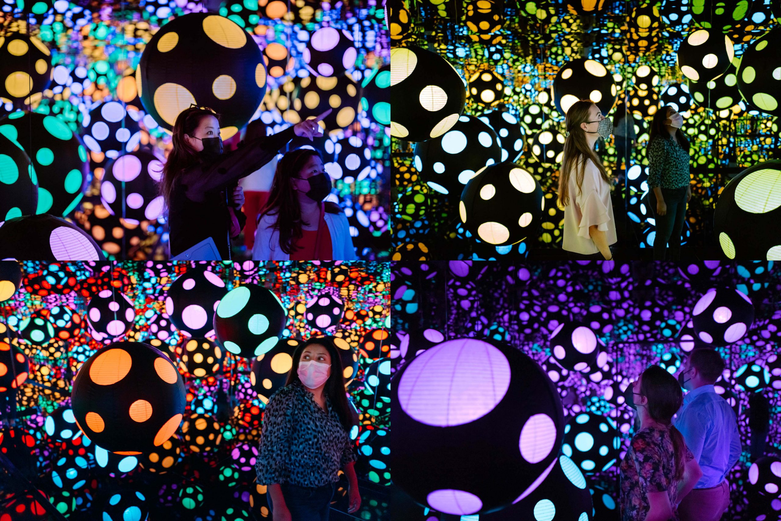 Visitors experiencing Yayoi Kusama's “Infinity Mirrored Room—My Heart Is Dancing into the Universe” (2018) at the Hirshhorn Museum and Sculpture Garden. Photo by Matailong Du. Wood and glass mirrored room with paper lanterns, 119 5/8 x 245 1/8 x 245 1/8 in. (304 x 622.4 x 622.4 cm). Courtesy Ota Fine Arts and Victoria Miro, London/Venice. © YAYOI KUSAMA. Purchased jointly by the Hirshhorn Museum and Sculpture Garden, Smithsonian Institution, Washington, D.C. (Joseph H. Hirshhorn Purchase Fund, 2020), and the Albright-Knox Art Gallery, Buffalo, with funds from the George B. and Jenny R. Mathews Fund, by exchange.