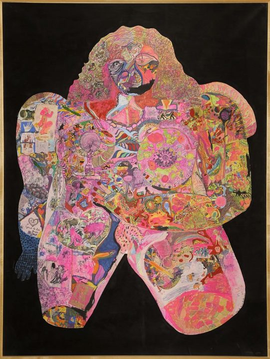 An abstracted female form that confronts the viewer, one arm is down at her side and the other rests on her abdomen. The body consists of circular and triangular forms of pink, blue, purple, and yellow. The body is filled with abstracted drawings and collage on a black background.