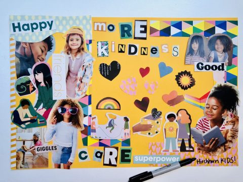 A large, horizontally oriented collage has been created atop a rectangular piece of yellow construction paper.