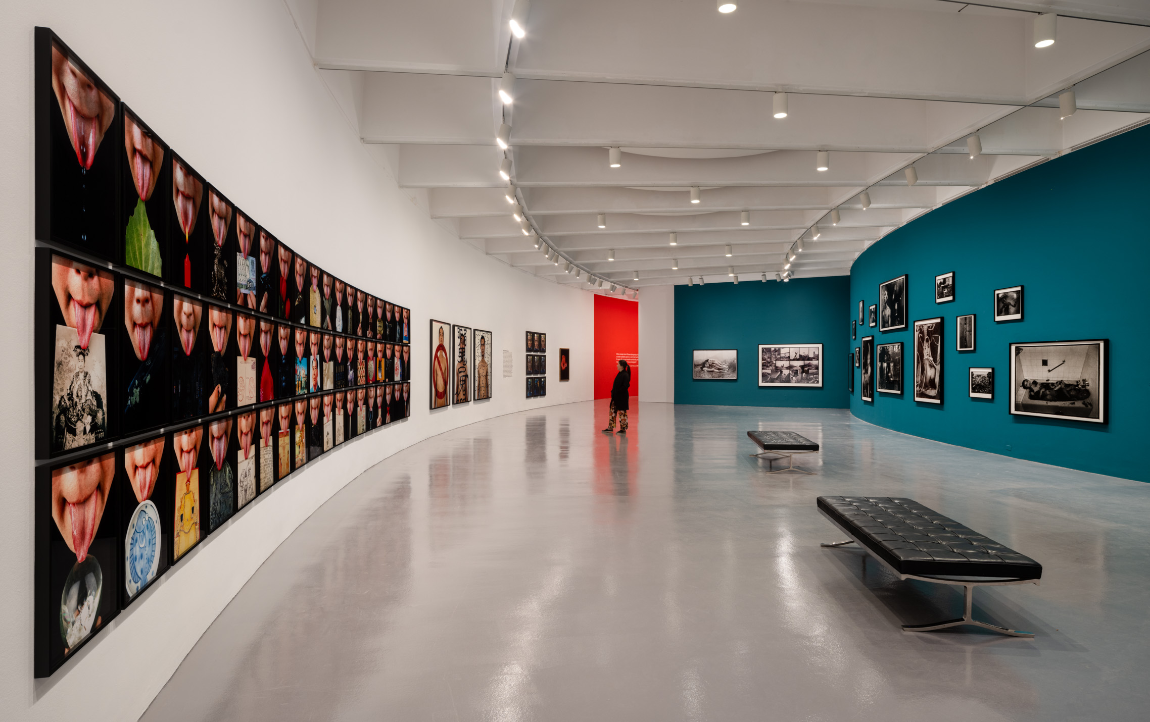 a person looks at a portrait inside a gallery.