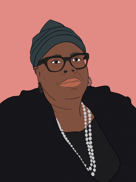 A hand drawn portrait of artist Debroah Roberts from the chest up on a light pink background.