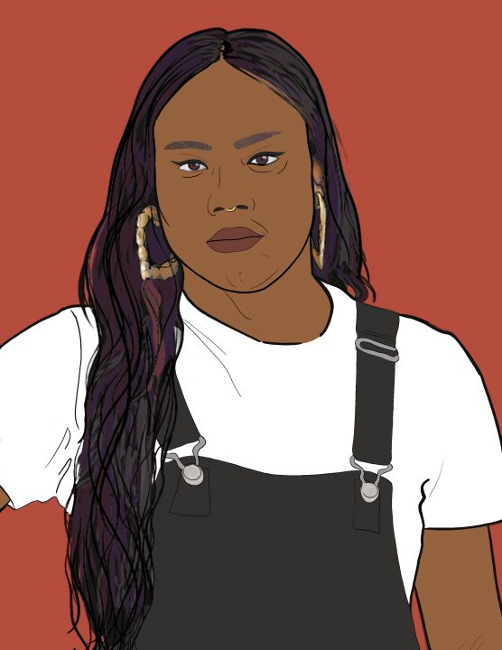 Graphic illustration of the artist against a brick red background. The artist is shown from the chest up facing the view. They have long flowing hair and are wearing overalls, a white shirt, and large earrings.