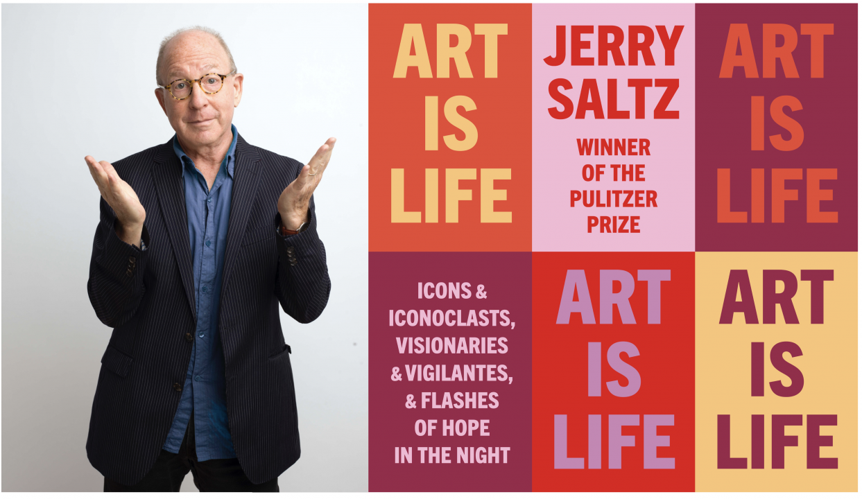 a bald man wearing thin black framed glasses, a blue button down shirt under a black blazer. His book cover is on the right side of his portrait.
