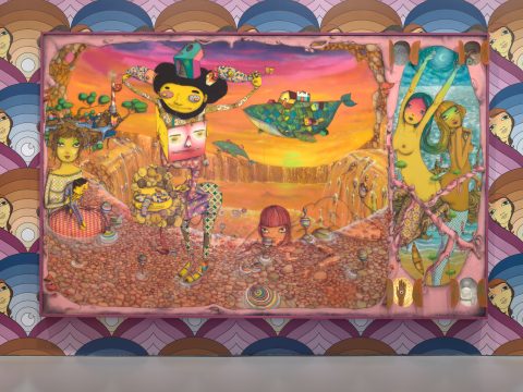 a large yellow, pink, and purple painting featuring multiple fantasy characters painted yellow and orange.