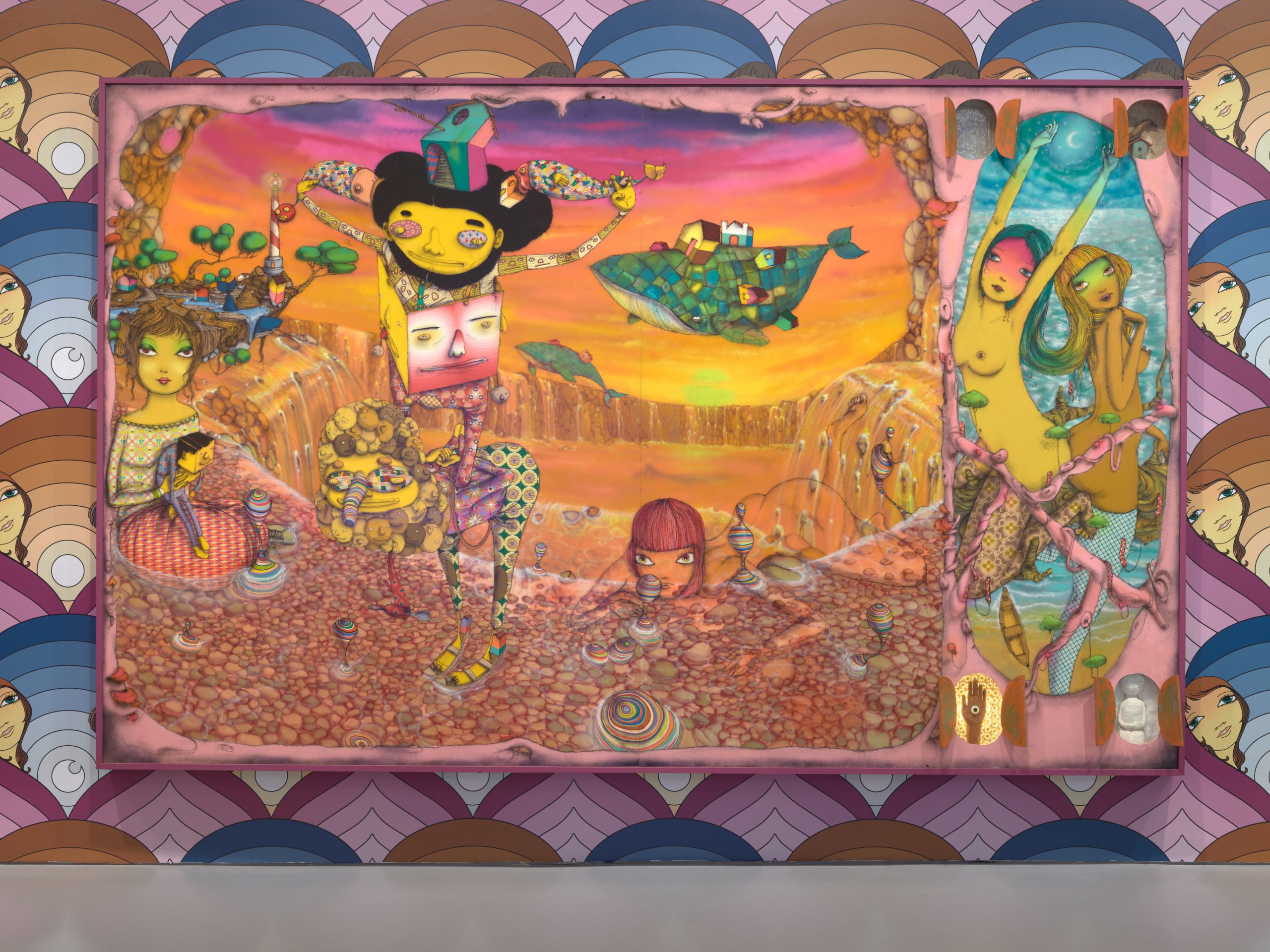 a large yellow, pink, and purple painting featuring multiple fantasy characters painted yellow and orange.