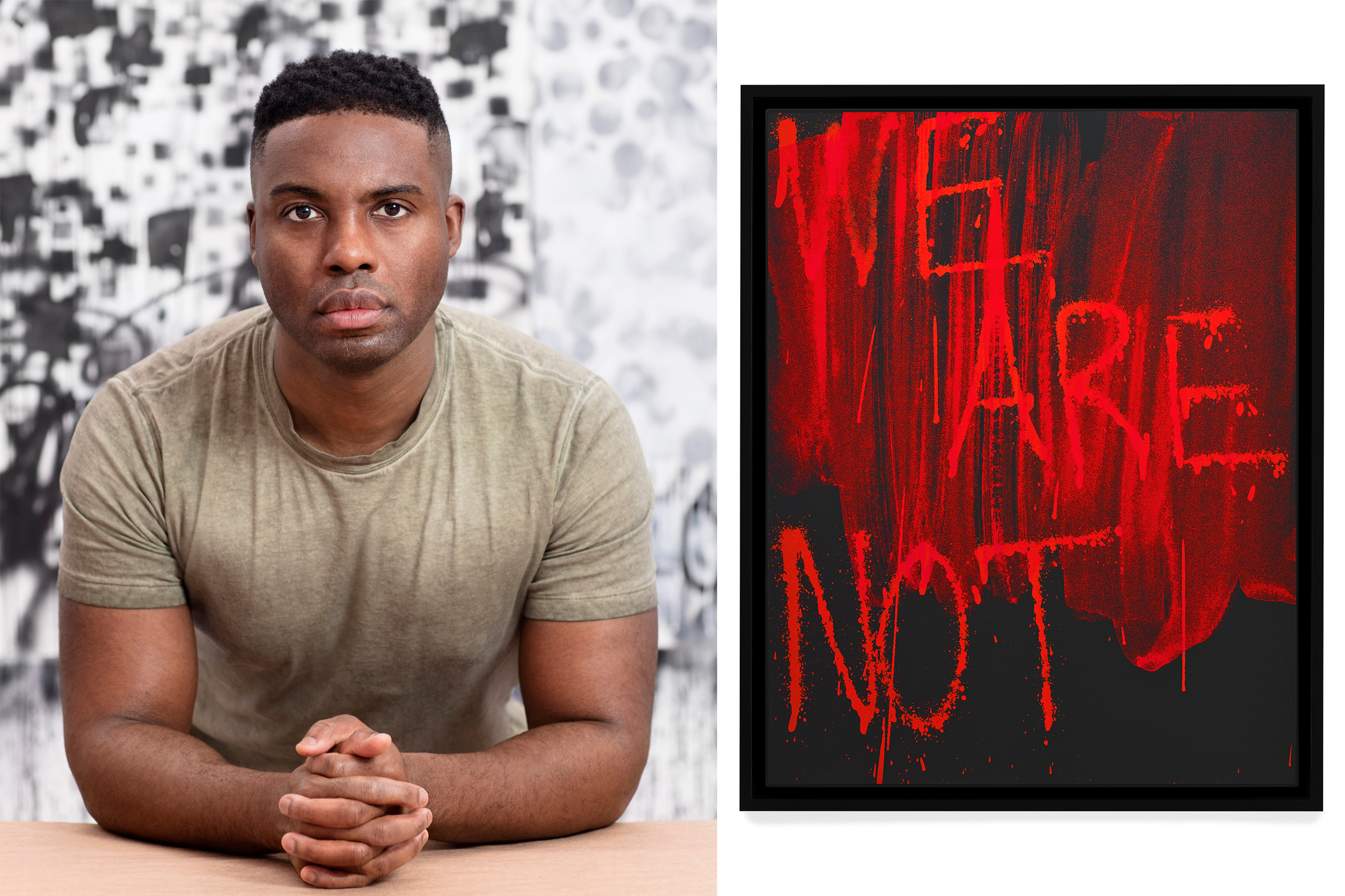 Headshot of Adam Pendleton and one of his artworks, an abstract, red and black painting reading 'We are not.'