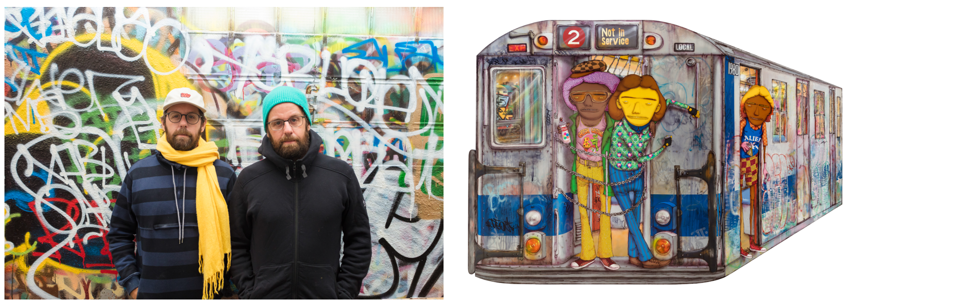 a composite image of two Brazilian artists posing in front of a wall covered in graffiti and a painting of a subway car covered in graffiti with three figures on the outside of the car.