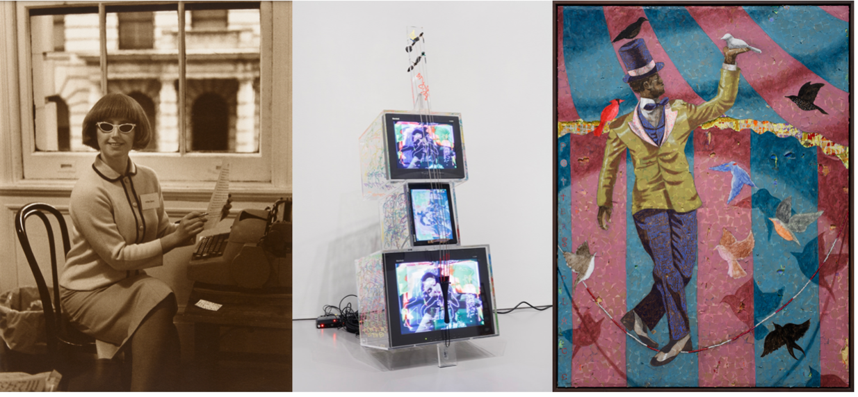 three separate artworks in one collage: a sepia toned photo of a woman with sunglasses at her desk, a chello made of three televisions, and a painting of a black man wearing a top hat surrounded by birds